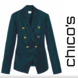 Chico's Emerald Green Velvet Blazer Gold Buttons Size 1 US Medium NWT Holiday